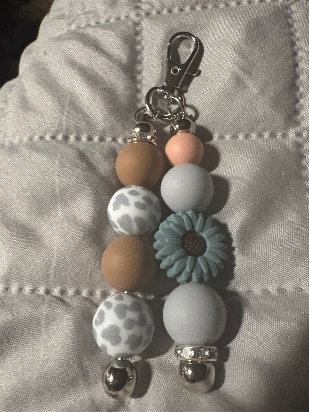 Beaded Daisy Keychain Charm in Blue, Tan & Gray